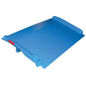Steel dock board features diamond plating for increase safety.